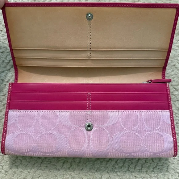 COACH Pink Signature C Monogram Canvas French Flap Bifold Wallet Suede Strap Y2K - Picture 3 of 6